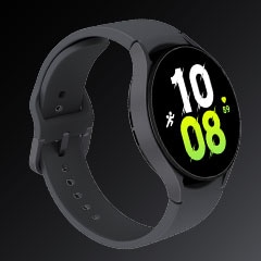 A three-quarter shot of a Graphite Galaxy Watch5 device with a band that’s closed.