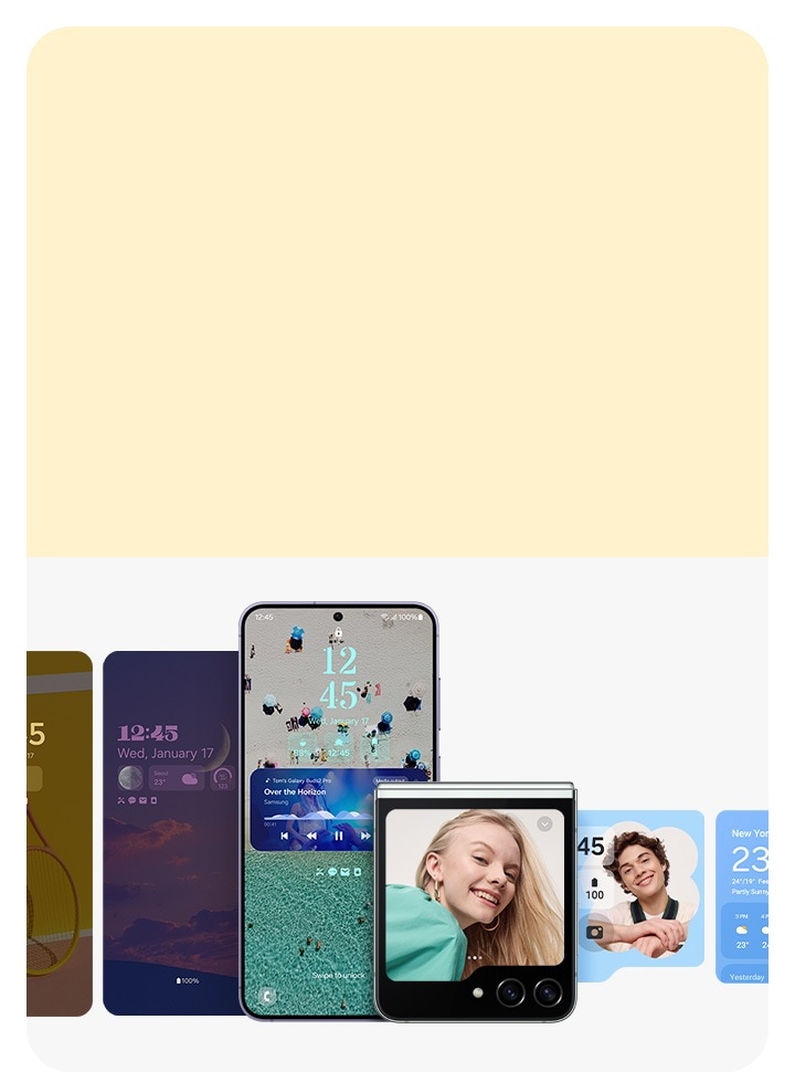 Galaxy Z Flip5 is displayed in the center with a selfie of a smiling woman on its screen. Six other Flip screens are also showcased, presenting a call history, messaging  interface, flight reservation, main screen and weather report.