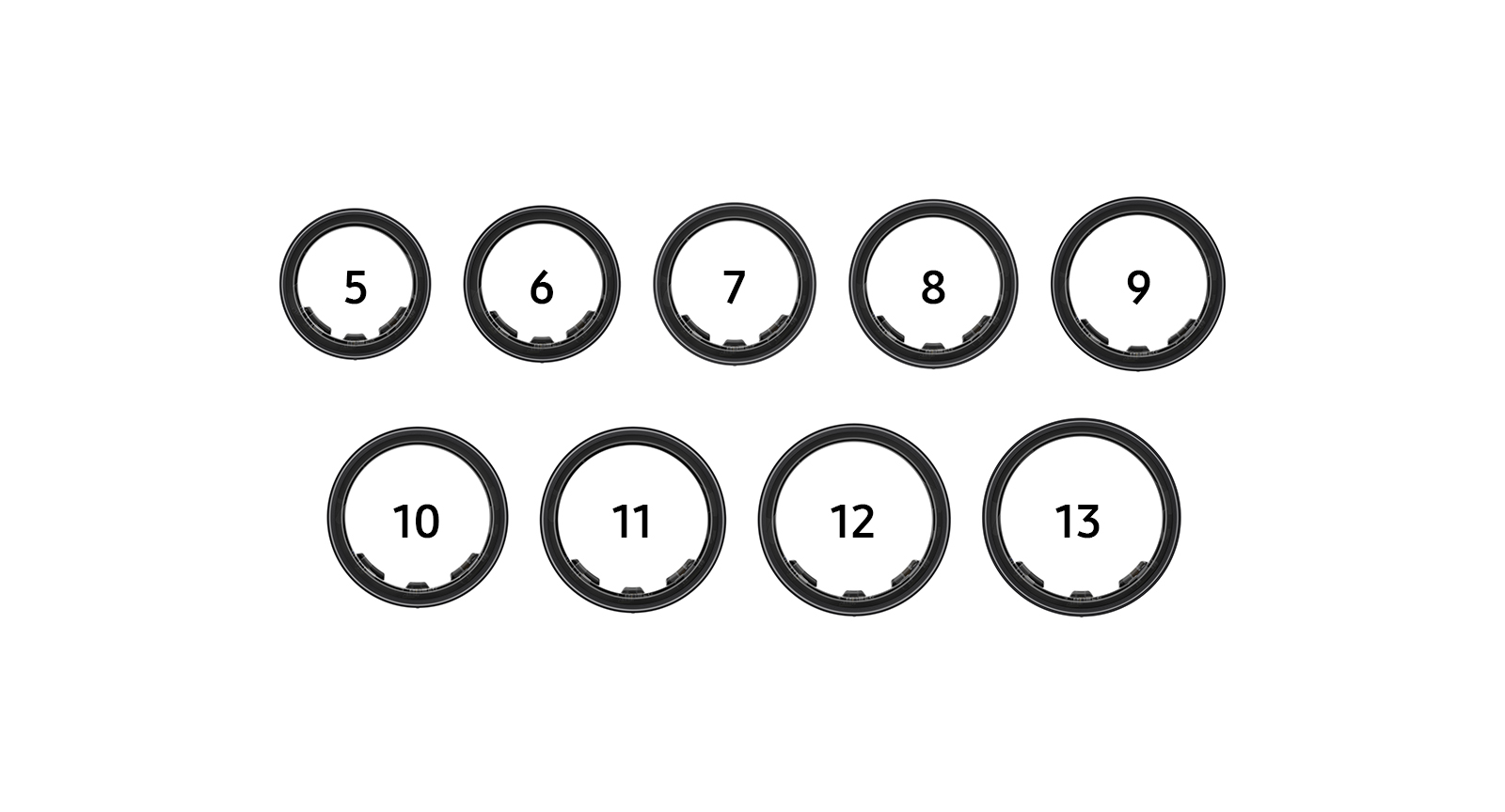 Galaxy Ring Sizing Kit sample rings are lined up in front view. All 9 sample rings have their respective size number, from 5 to 13, in the middle.