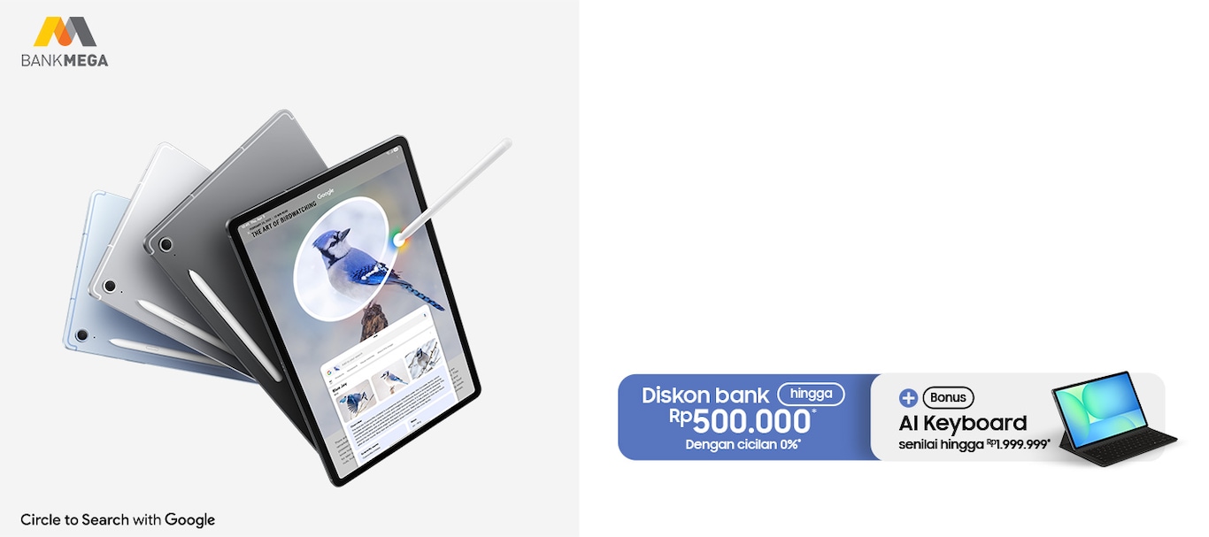 Diskon Bank hingga Rp500.000 dengan cicilan 0% menggunakan Kartu Kredit Bank Mega dan Bonus AI Keyboard senilai hingga Rp1.999.999