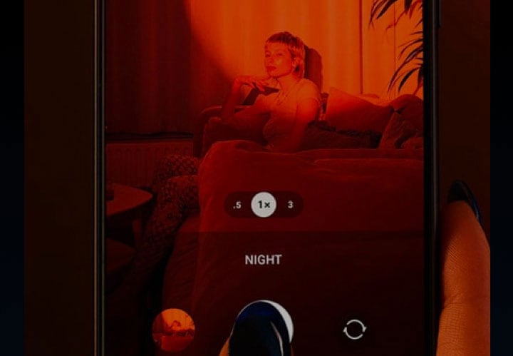 First: Woman bathed in orange light on the screen of a device being held by a hand. Second: Young girl with a ponytail doing a high kick in front of the moon.
