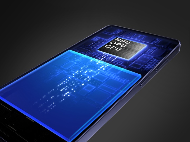 Perangkat keras interior Galaxy S26 Ultra. Piksel cahaya bergerak antara chipset, yang disebut GPU, NPU, dan CPU, serta baterai untuk menunjukkan bagaimana prosesor mengaktifkan masa pakai baterai sepanjang hari.