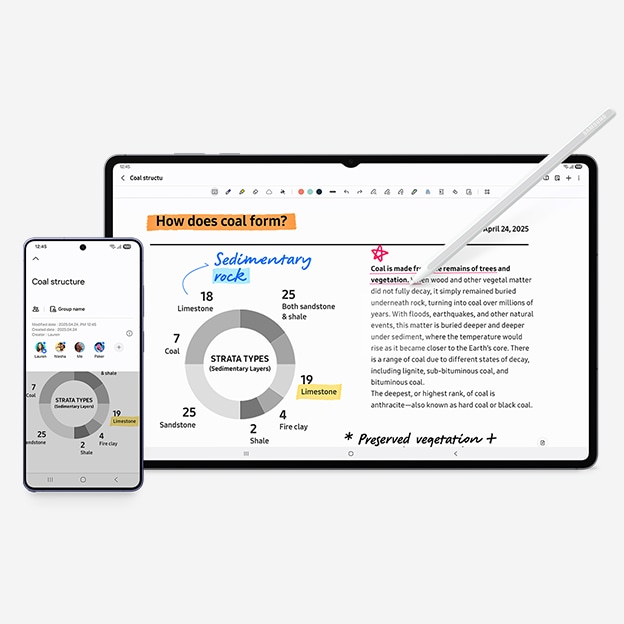 Galaxy S26 Ultra dan Galaxy Tab S11 Ultra, dilihat dari depan. Keduanya menampilkan presentasi yang sama pada layar untuk menunjukkan cara kerja fitur kontinuitas antarperangkat. S Pen yang disertakan pada tablet tampak menggarisbawahi teks di layar.