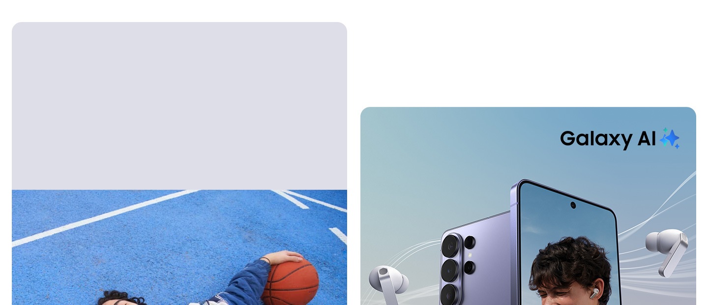 Dua ponsel galaxy S26 Ultra warna Cobalt Violet berdiri berdampingan. Satu ponsel dapat dilihat dari belakang yang memperlihatkan kameranya. Ponsel lainnya terlihat dari depan, menampilkan pria tersenyum mengenakan Galaxy Buds4 Pro White pada layar. Sepasang Galaxy Buds4 Pro warna White terhubung ke ponsel, dengan satu Bud melayang di kedua sisi ponsel. Logo Galaxy AI.