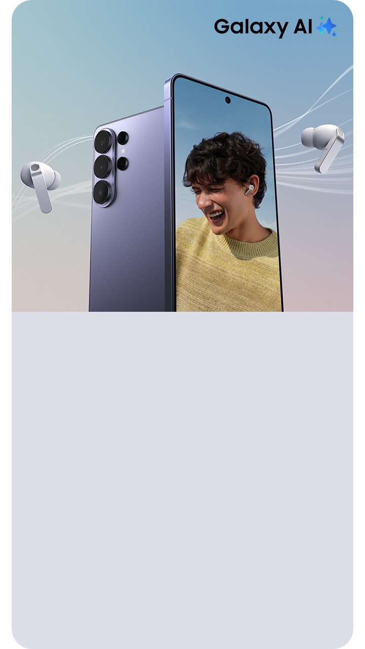Dua ponsel galaxy S26 Ultra warna Cobalt Violet berdiri berdampingan. Satu ponsel dapat dilihat dari belakang yang memperlihatkan kameranya. Ponsel lainnya terlihat dari depan, menampilkan pria tersenyum mengenakan Galaxy Buds4 Pro White pada layar. Sepasang Galaxy Buds4 Pro warna White terhubung ke ponsel, dengan satu Bud melayang di kedua sisi ponsel. Logo Galaxy AI.