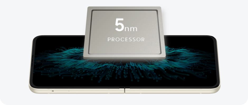 Prosesor 5nm dengan performa tinggi dan sesuai untuk gaming, ditumpuk di atas handphone lipat Samsung Z Flip 3 5G.