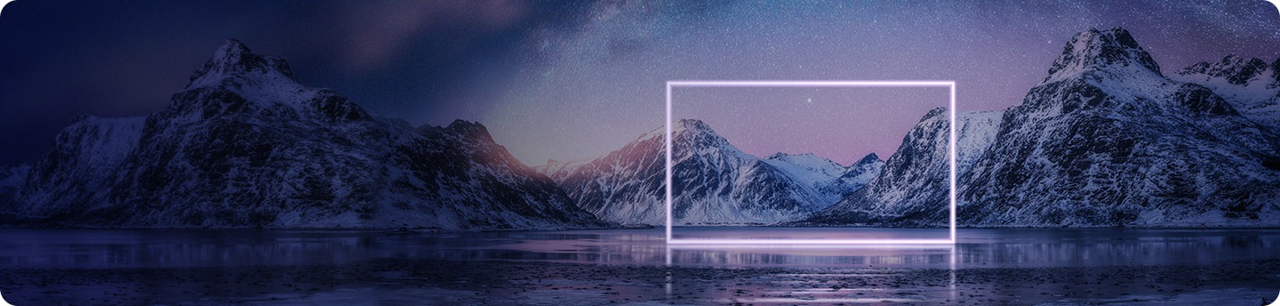 A portion of a majestic mountain range in the background is captured on a screen with highlighted borders.