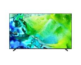 A Samsung The Frame Pro LS03HW TV displays abstract artwork in blue and white tones on screen.