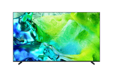 A Samsung OLED S95H TV displays white abstract landscape tinged in purple on screen.