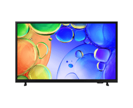 A Samsung OLED S85H TV displays abstract landscape in blue and red tones on screen.
