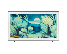 A Samsung The Frame LS03HE TV displays colorful artwork on screen.