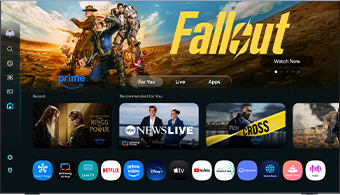 A TV screen displays apps, services and streaming options available with Samsung One UI Tizen.