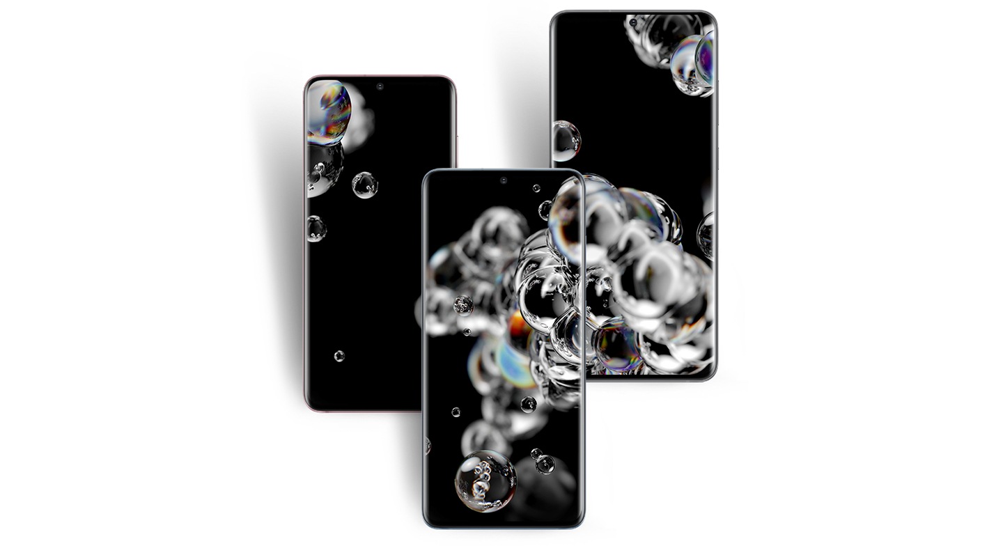 Galaxy S20, S20 plus, and S20 Ultra side by side in staggered positions, all with a bubble wallpaper onscreen