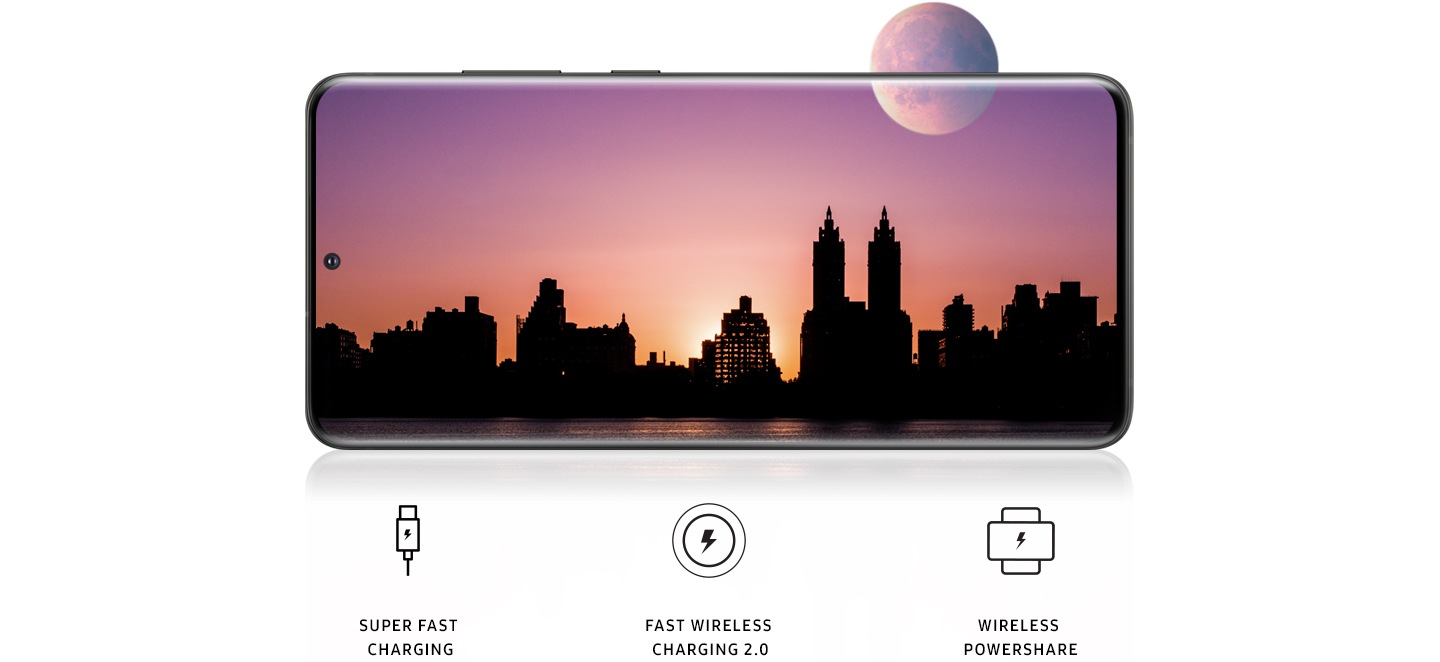 Galaxy S20 Ultra seen in landscape mode with a cityscape at night onscreen. The moon is shown half inside the screen and half outside. An illustrated icon of a wall plug with a lightning bolt inside for Super Fast Charging. An illustrated icon of a phone laying on top of another phone with a lightning bolt in the middle for Wireless Powershare. An illustrated icon of a circle with a lightning bolt inside for Fast Wireless Charging 2.0