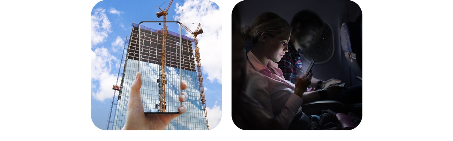 A hand holding Galaxy S20 Ultra in front of a skyscraper under construction, with the image continued on the Infinity-O Display, and a woman using the Galaxy S20 Ultra as she sits in her seat on a dark plane