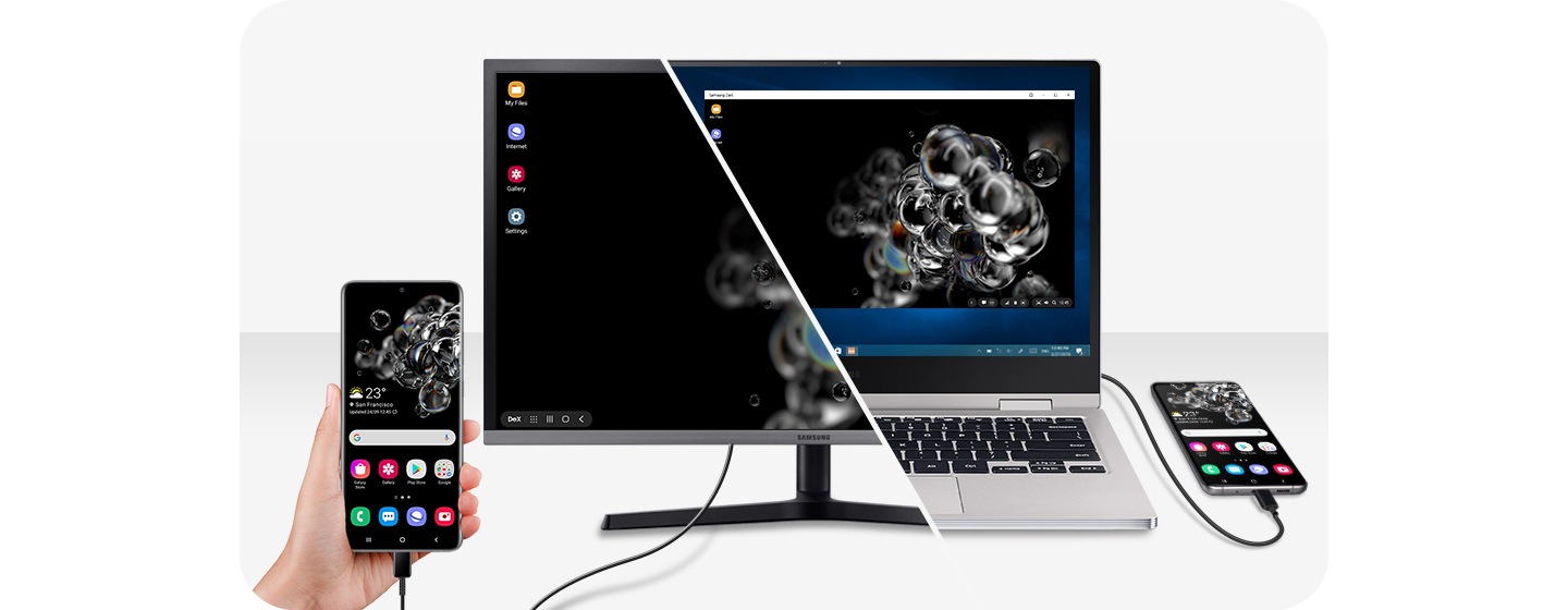 One half shows a monitor on a table connected to Galaxy S20 Ultra with Samsung DeX. The Galaxy S20 Ultra is displaying the home screen and on the monitor’s screen is the Samsung DeX desktop. The other half of the image is a laptop connected to Galaxy S20 Ultra via Samsung DeX, with the home screen on the Infinity-O Display and the laptop display showing the Samsung DeX desktop