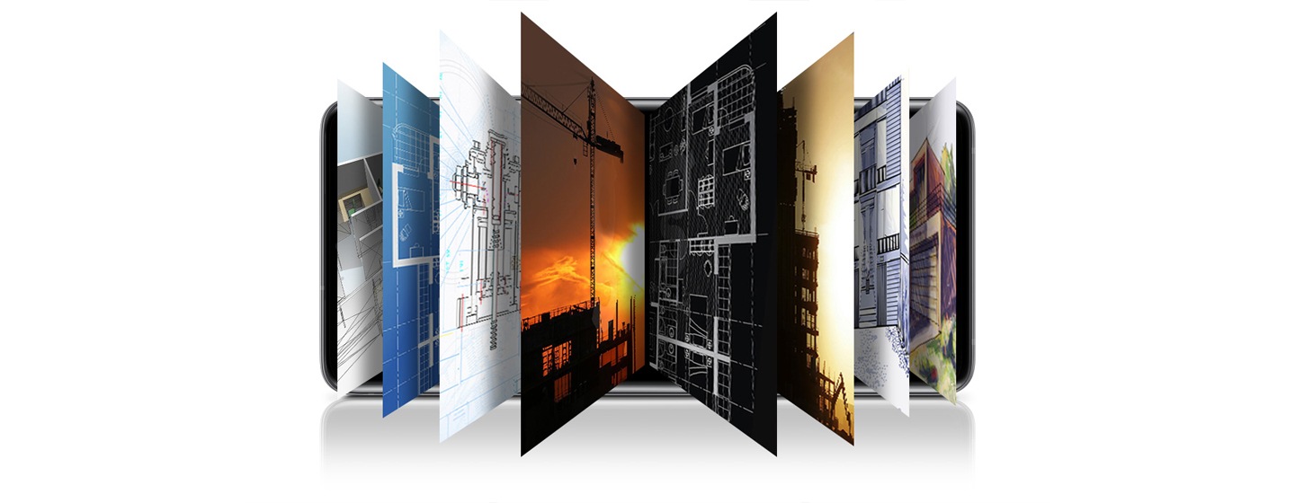 Galaxy S20 Ultra seen in landscape mode with multiple images reaching out of the display, showing various blueprints, illustrations, designs, and photos to represent all the media you can easily store with the Galaxy series’ vast storage