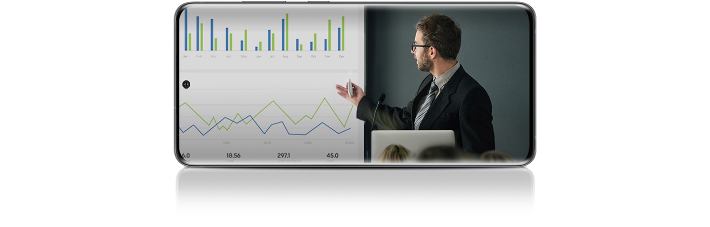 Galaxy S20 Ultra seen in landscape mode with a livestream onscreen of a man explaining a bar graph and line graph