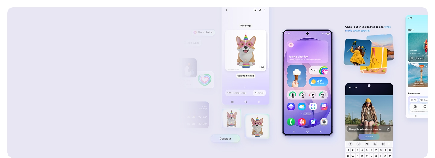 Ein Galaxy S26 Ultra in Cobalt Violet zeigt viele Apps und Widgets auf seinem Startbildschirm an. Das Smartphone ist von verschiedenen anderen Bildschirmen und Widgets umgeben, die die unterschiedlichen Funktionen und Aktivitäten darstellen, die mit einem Galaxy Smartphone ausgeführt werden können.