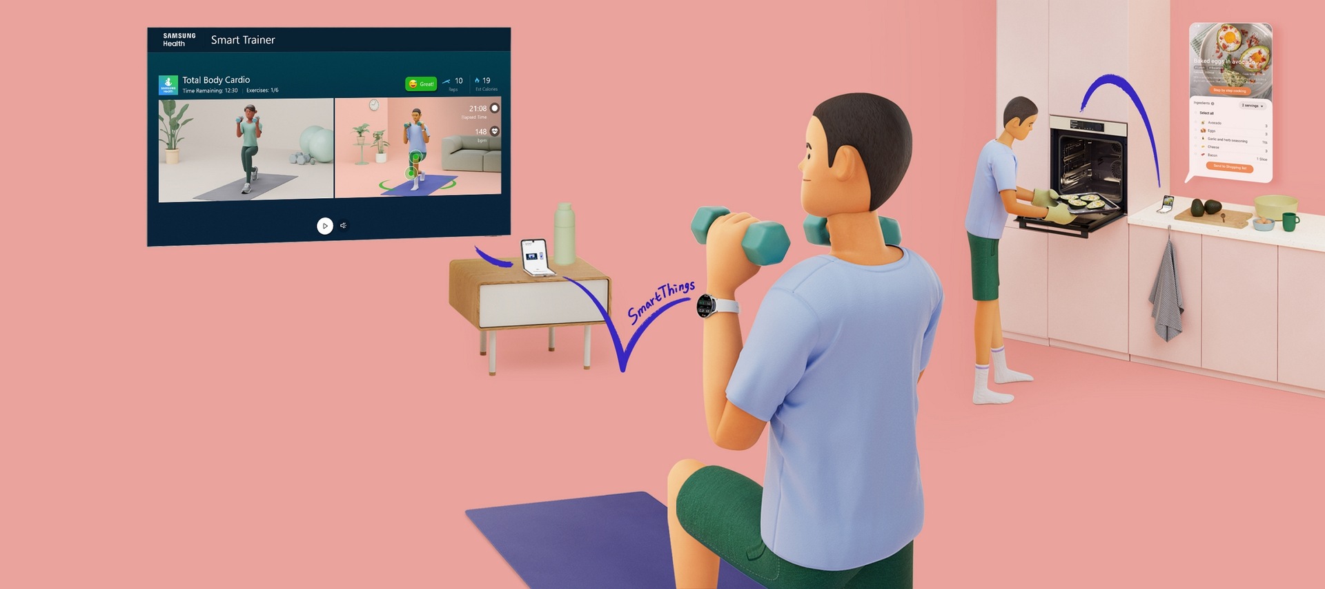 Man doing a home workout through 'SmartThings' using smart devices. The man is also preparing a healthy meal with an oven through 'SmartThings Cooking.'