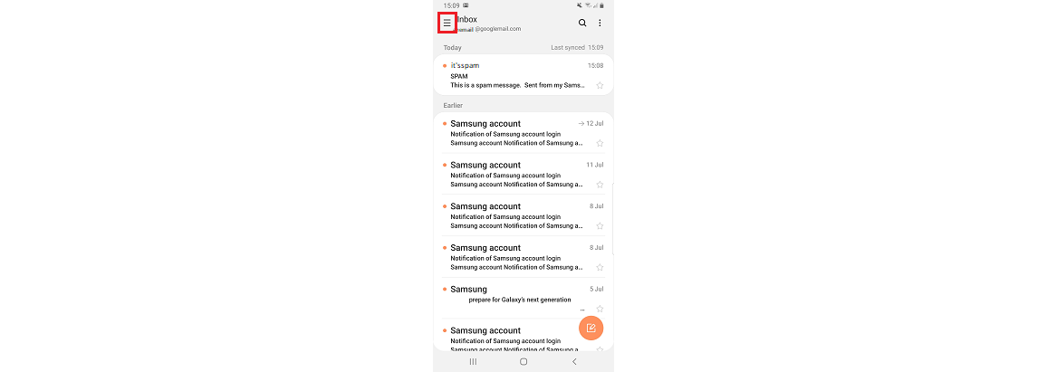 Het spam filter gebruiken in de Samsung mail app - Swipe menu