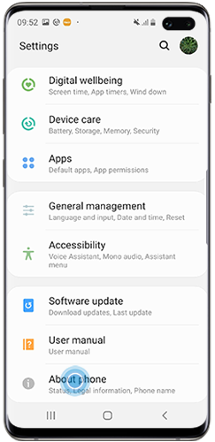 Tap About device in Settings menu on Galaxy S10