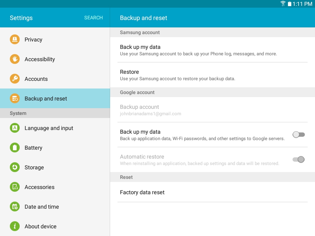 How do I back up my data and factory data reset on my Samsung