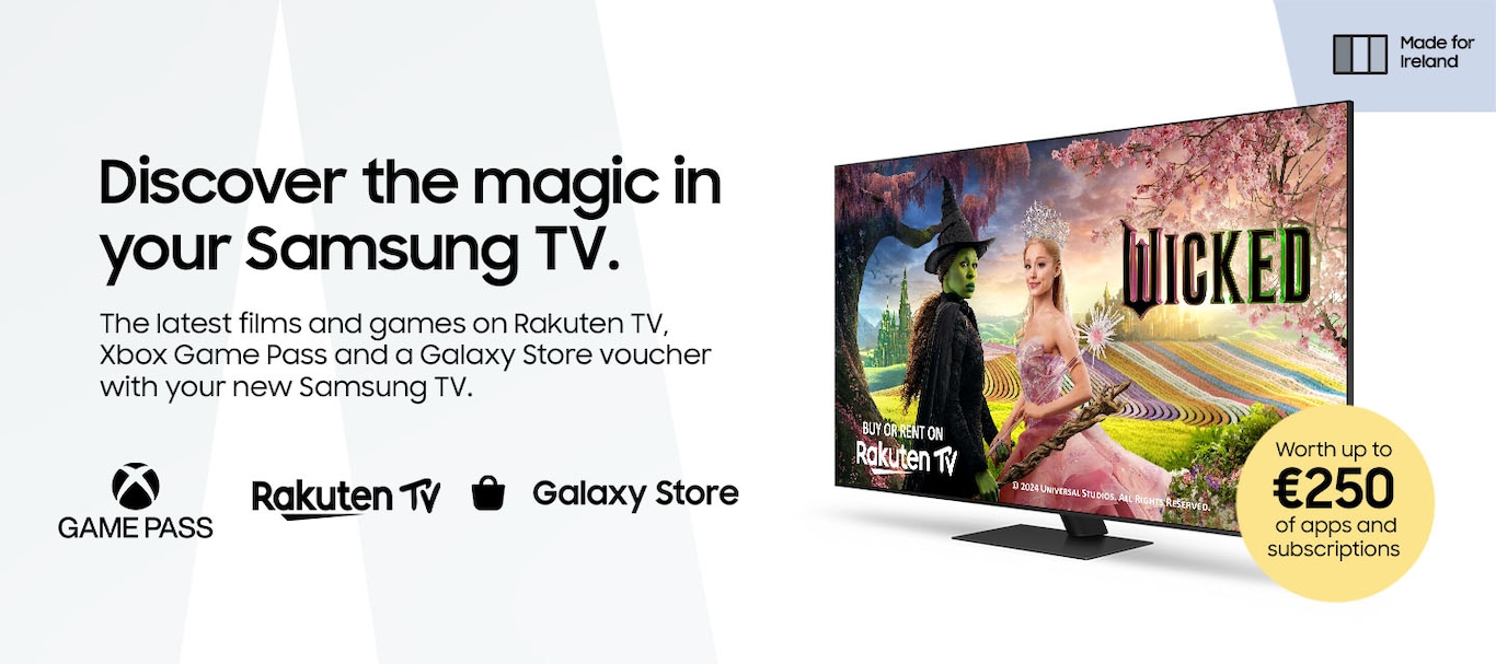 A Samsung TV sits on a cabinet against a wall. On the screen is an advert for a FC EA 24 Xbox game. At the bottom of the image is a black banner featuring logos for Game Pass, Apple TV+ and more.
