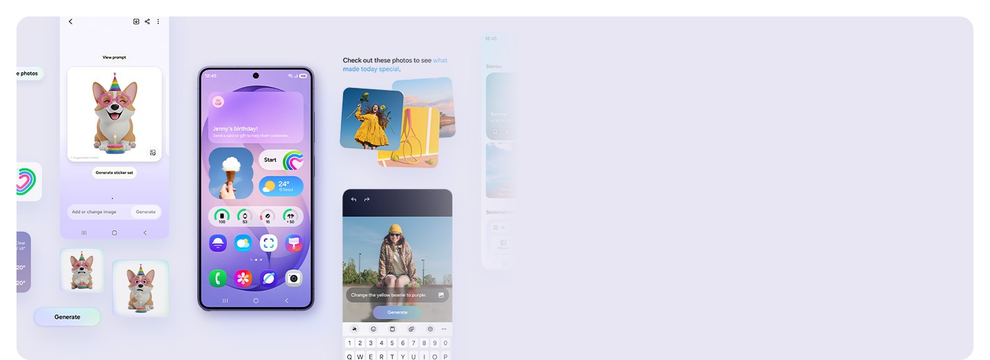 טלפון Galaxy S26 Ultra בצבע סגול מציג מגוון וידג'טים ואפליקציות במסך הבית. הטלפון מוקף במסכים ובווידג'טים נוספים שמציגים את הפונקציות והפעולות השונות שאפשר לעשות עם טלפון Galaxy.