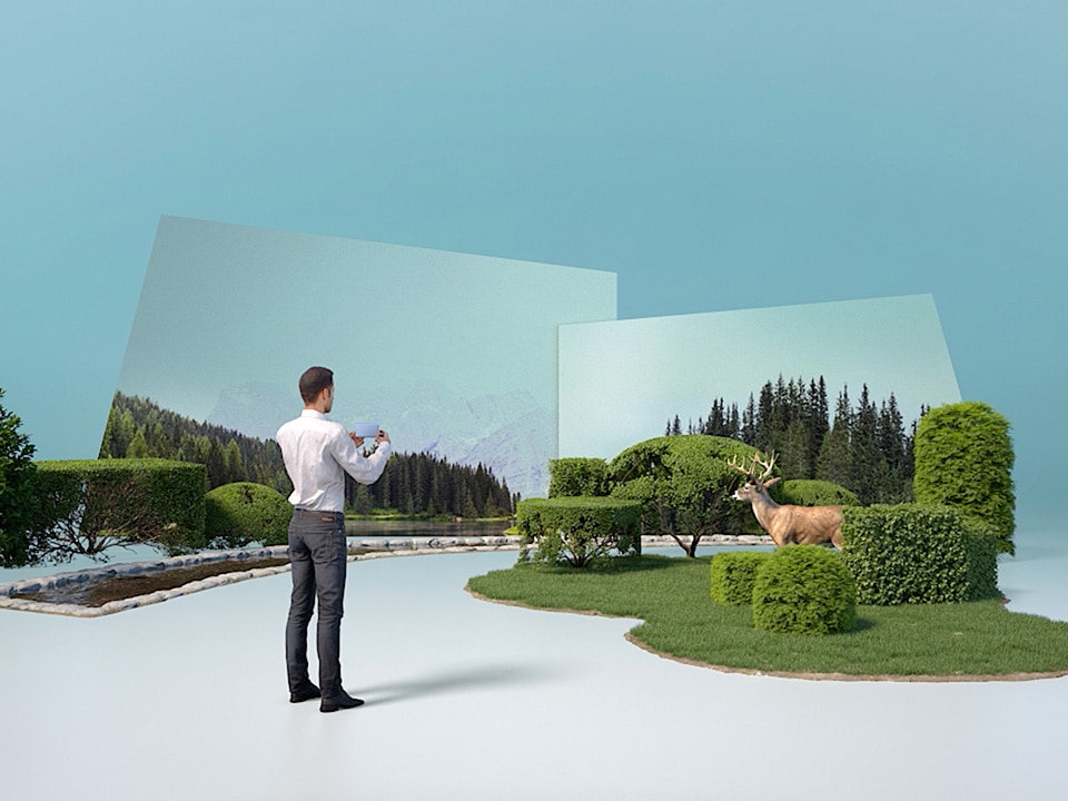 תמונת סימולציה של אדם המסריט איל ואת הנוף עם מכשיר הטלפון שלו.