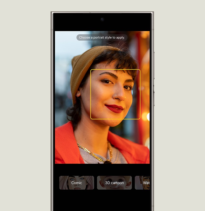 A woman shown in Portrait Studio of a Galaxy smartphone. Above is the message Choose a portrait style to apply. Below are portrait style options including Comic, 3D cartoon, Watercolor and Sketch. The Watercolor-style is selected. The generate icon appears below and is tapped. While the effect is being applied, messages appear one after the other. Crafting some perfect portraits. Applying enhanced artistry. Adding style and flair. Shortly, a Watercolor-style portrait is presented with a save icon. Other styles are also presented — Comic, 3D cartoon and Sketch.