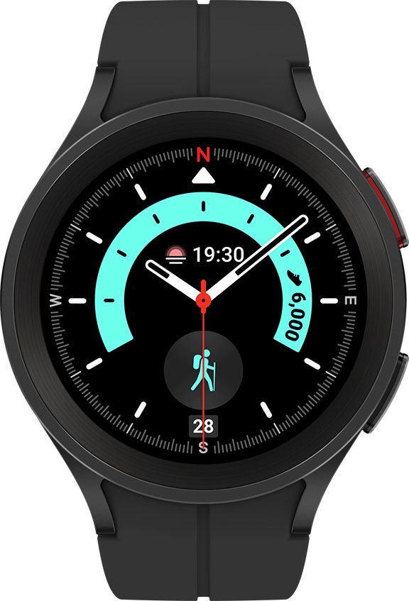צג שעון בצבעי שחור וכחול בהיר שמציג את השעה עם סמל של הליכה.