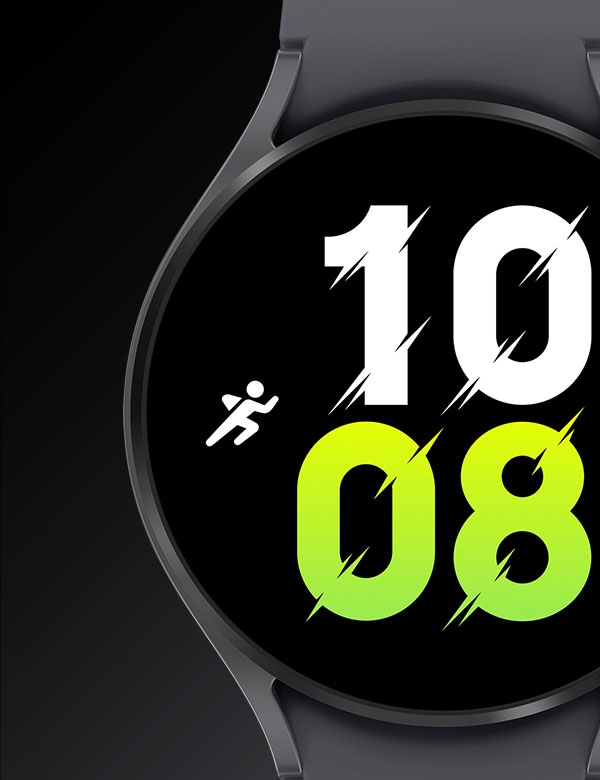 שעון Galaxy Watch5 בצבע אפור עם פני שעון שמציגים את השעה '10:08'.