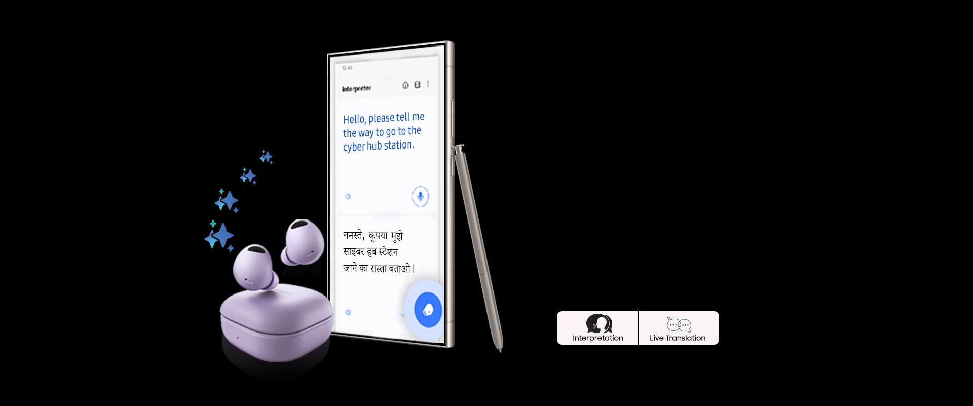 Three Galaxy Buds2 Pro devices are lined up. The Bora Purple Galaxy Buds2 Pro device in the front has two earbuds hovering above the closed case. The middle White closed case is followed by a closed Graphite Galaxy Buds2 Pro case.