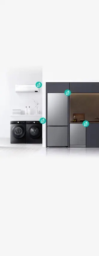 Various appliances stand in kitchen
                                and laundry room