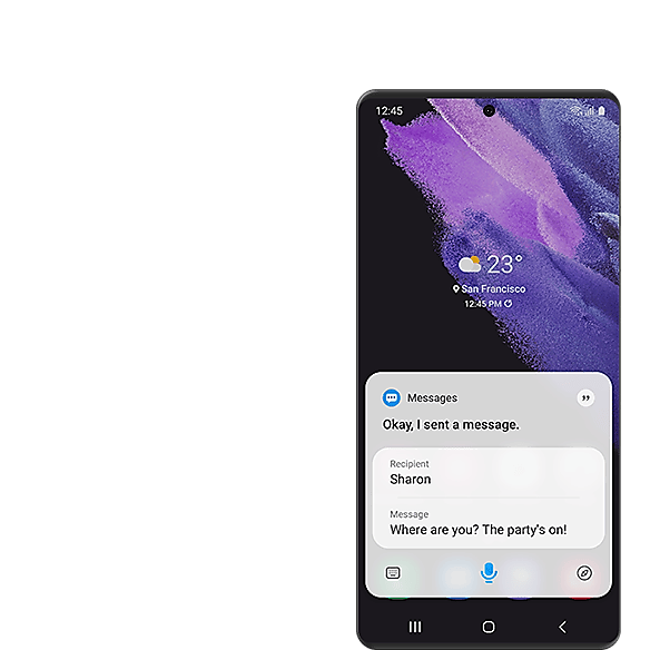 A Galaxy screen shows a text message sent to Sharon using Bixby’s control features, reading "Where are you? The party’s on!".
