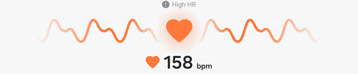 A heart icon can be seen in the middle to indicate heartbeat. In the background is the heart rate monitor line. Below, the BPM status can be seen along with a small heart icon. A High HR alert message can be seen at the top.