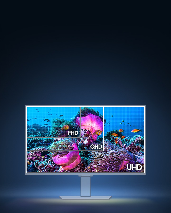 A monitor showing different resolutions. FHD, QHD and UHD. The image becomes clearer and wider as the resolution increases.