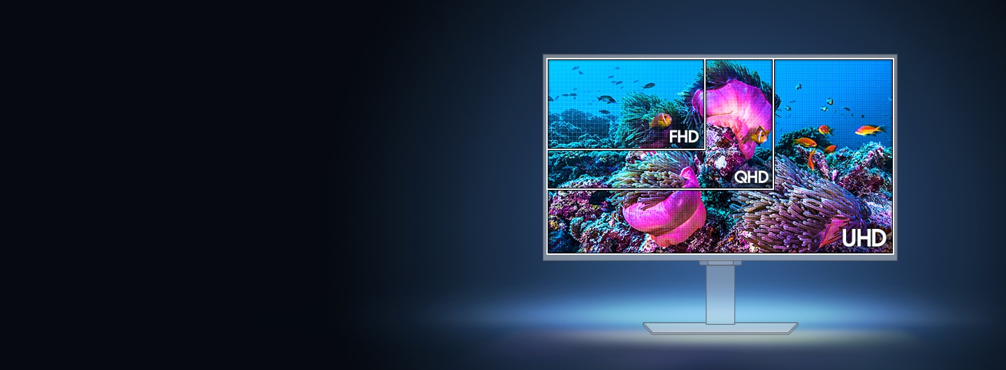 A monitor showing different resolutions. FHD, QHD and UHD. The image becomes clearer and wider as the resolution increases.