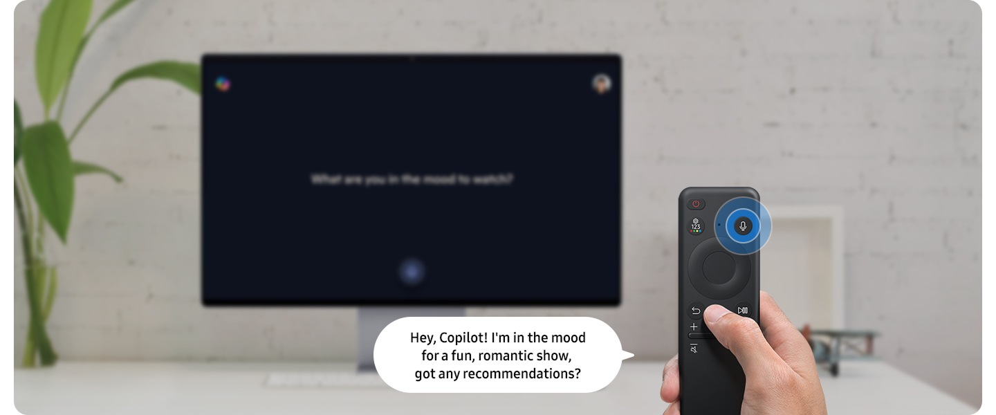 Copilot by Microsoft. A full view of the monitor. Screen shows a microphone icon with the words "What are you in the mood to watch?" A finger presses the microphone button. Someone says, "Hey, Copilot! I'm in the mood for a fun, romantic show, got any recommendations?" Screen shows various contents related to romance, humor, and witty dialogue. The details page shows a synopsis of the content with a section that shows where you can watch the content. 