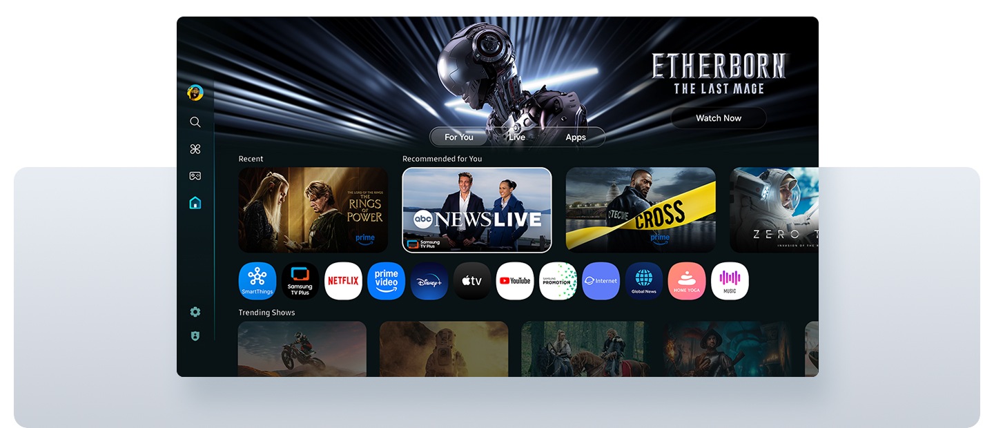 Samsung TV Plus screen. The content arranged in the top row shifts to outline "Zero Time." Scene shows an astronaut holding onto the spaceship. Scene changes from an announcer presenting the news to a soccer match.