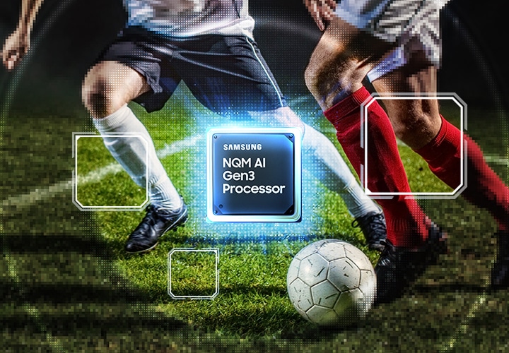 A blurry scene of a soccer match. Samsung NQM AI Gen3 Processor in the middle. Three small squares show a clearer view of the scene. The entire scene becomes clear. 