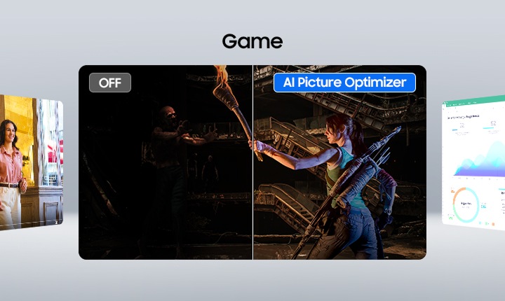 Screen divided in half. Half of the game scene, document, and video is dark and blurry with AI Picture Optimizer OFF, and the other half is clear with AI Picture Optimizer ON.