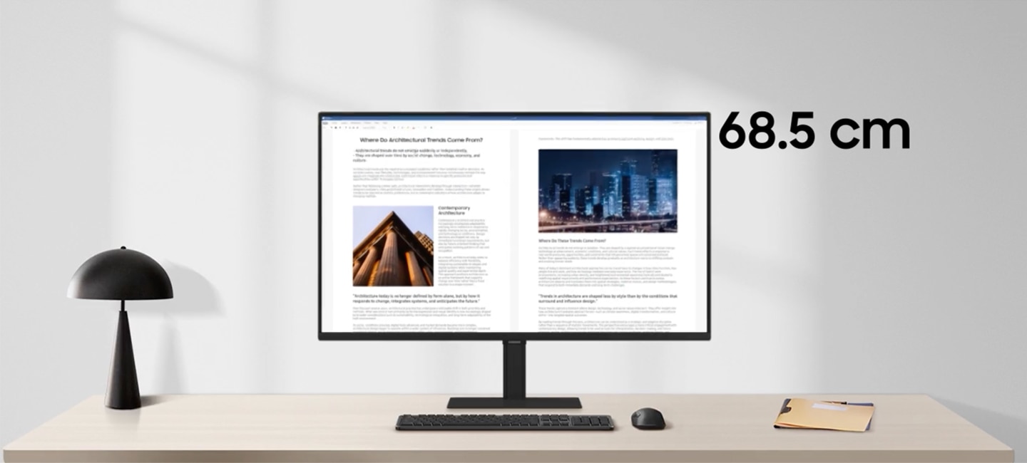 A 68.5 cm (27) screen shows a PPT file. A 80 cm (32) display shows a two-page Word document spread across the screen. A 92.7 cm (37) screen shows a PPT file, a Word document and a website. A 1.06 m (40) display shows a Word document and two websites. A 1.24 m (49) screen shows a Word document, two websites, and a chat window.