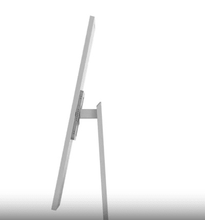 A Samsung ViewFinity curved monitor surrounded by a laptop, tablet, and phone on a desk. The monitor display has a split-screen with a photo editing interface on the left and a presentation on the right. Multiple connectivity options, including USB-C, Thunderbolt, HDMI, and DisplayPort are showcased to connect to nearby devices.