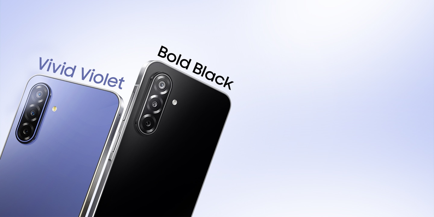 Samsung Galaxy F70 5G shown in Vivid Violet and Bold Black, highlighting the triple rear camera module