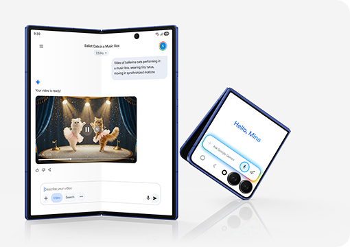 Partially folded Galaxy Z Fold7 is seen from the main screen. Google Gemini is active, and it has created video content based on the user's request. Folded Galaxy Z Flip7 is also seen from the cover screen. Google Gemini has been activated and is ready for a conversation.