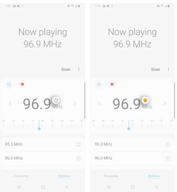 To save a radio station to your favourites list tap on the star icon beside your preferred radio station.