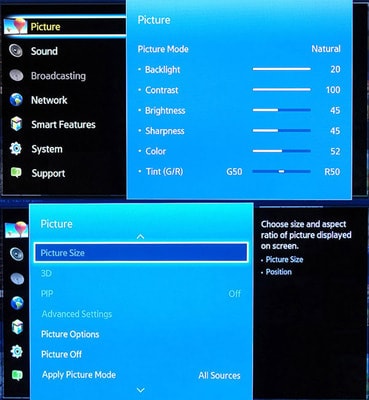 samsung smart tv 5 series picture setting defaults