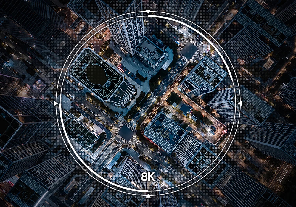 Aerial shot of city is optimized to 8K resolution to become super clear and crisp.